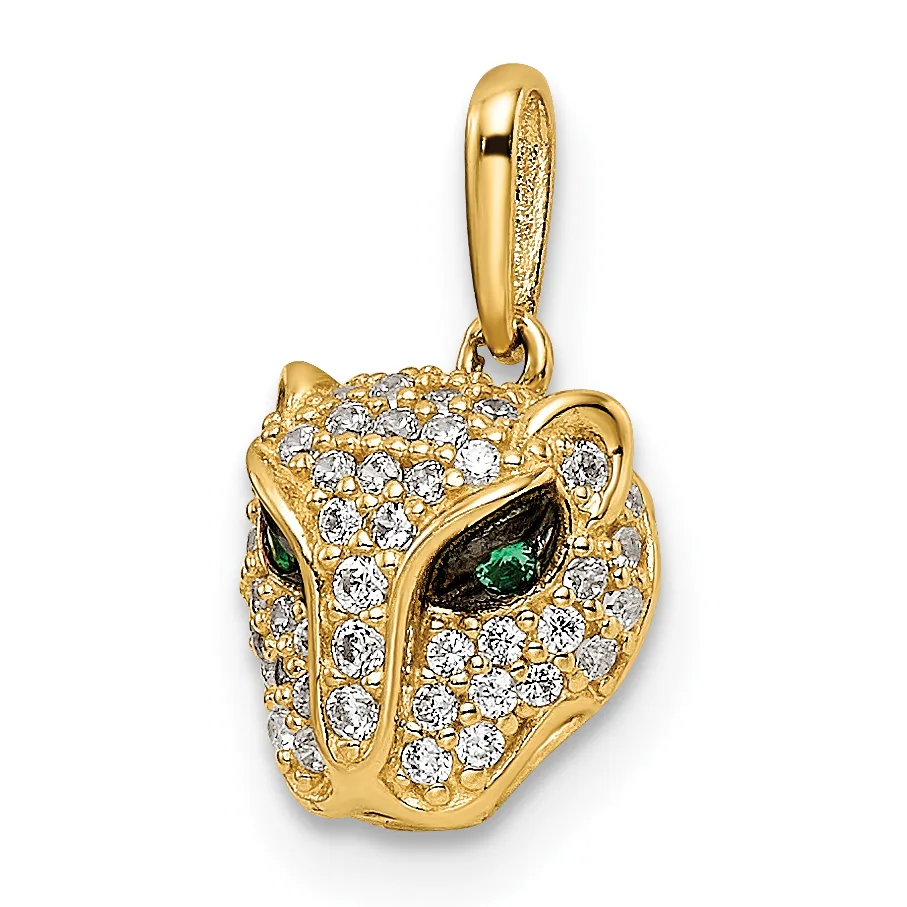 Gold pendant shaped like a panther head decorated with clear and green crystals, shown hanging from a bail against a white background.