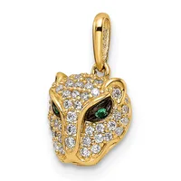 Gold pendant shaped like a panther head decorated with clear and green crystals, shown hanging from a bail against a white background.