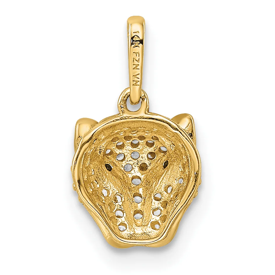 Gold pendant shaped like a cat's head with pointed ears and a textured surface decorated with small rhinestones arranged in a pattern.