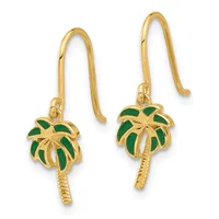 Pair of gold-toned palm tree dangle earrings with green enamel leaves and textured stems, shown on fish hook wires.