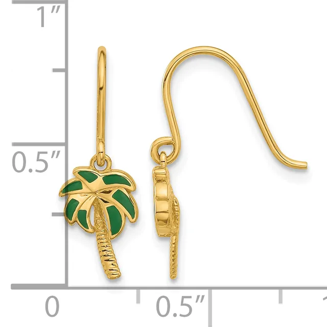 Pair of gold-toned palm tree earrings with green enamel fronds and fish hook backs, shown next to a ruler for scale.