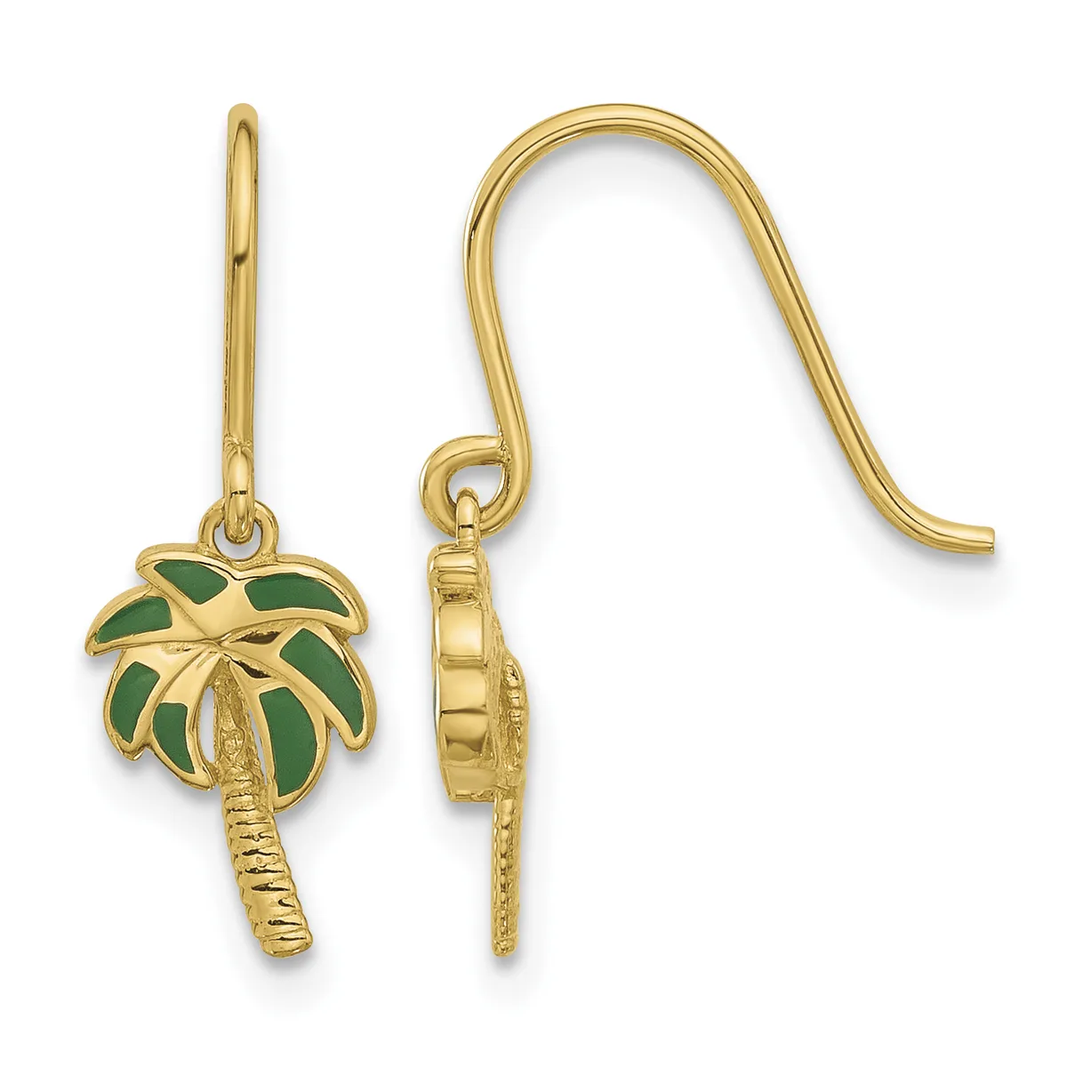 A pair of gold palm tree earrings with green enamel fronds, shown from front and back views, suspended from curved gold ear wires.