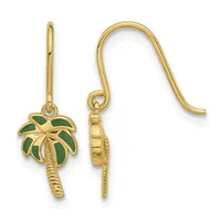 A pair of gold palm tree earrings with green enamel fronds, shown from front and back views, suspended from curved gold ear wires.