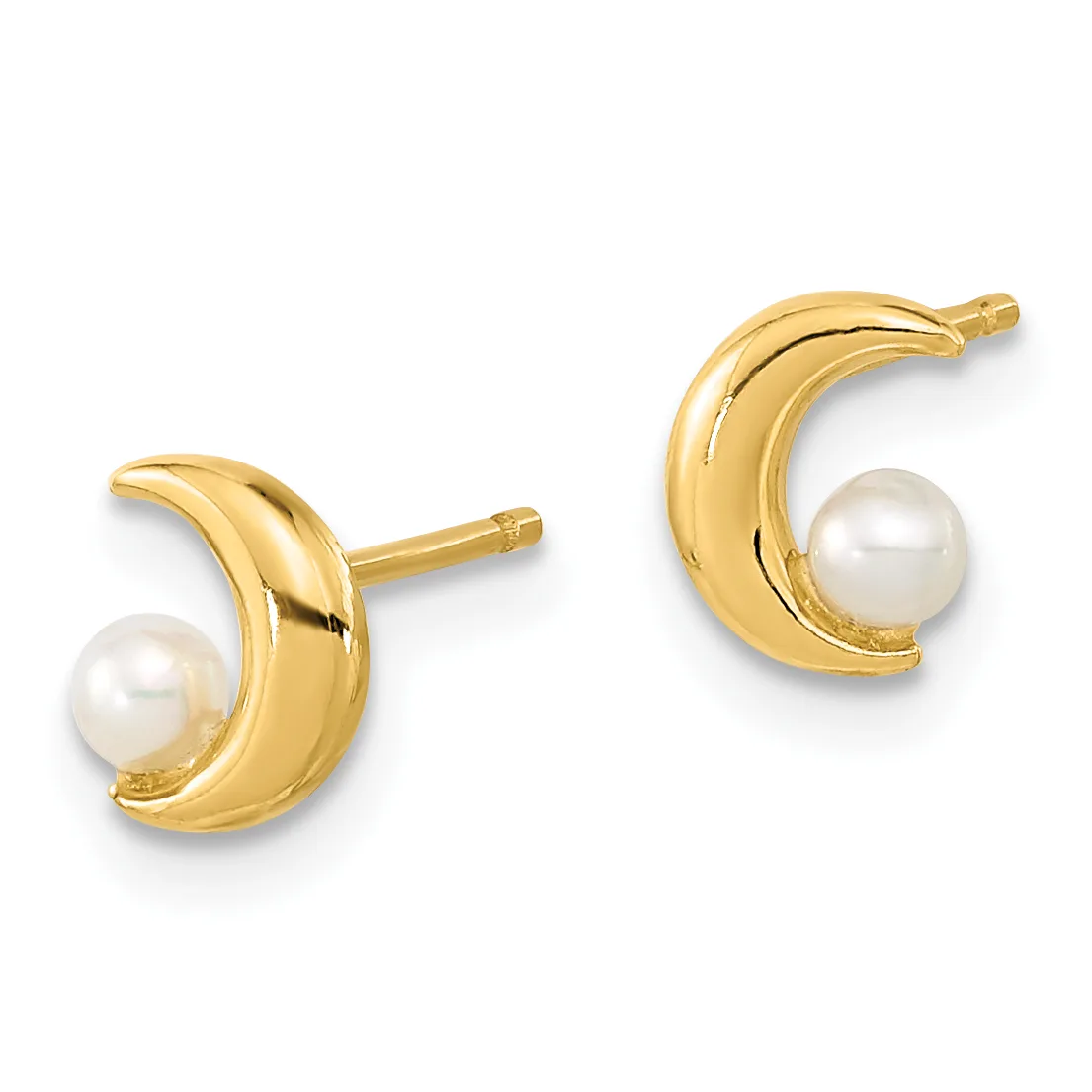 A pair of gold crescent-shaped stud earrings, each with a white pearl nestled in the curved center, shown from the front against a white background.