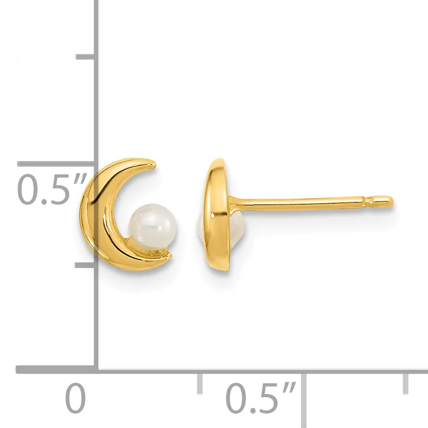 Gold crescent moon stud earrings with white pearl accents, shown front and side view with a measurement scale indicating 0.5 inch height.