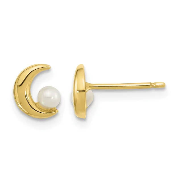 A pair of gold crescent moon stud earrings, each featuring a white pearl accent, shown from front and side views.
