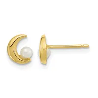 A pair of gold crescent moon stud earrings, each featuring a white pearl accent, shown from front and side views.