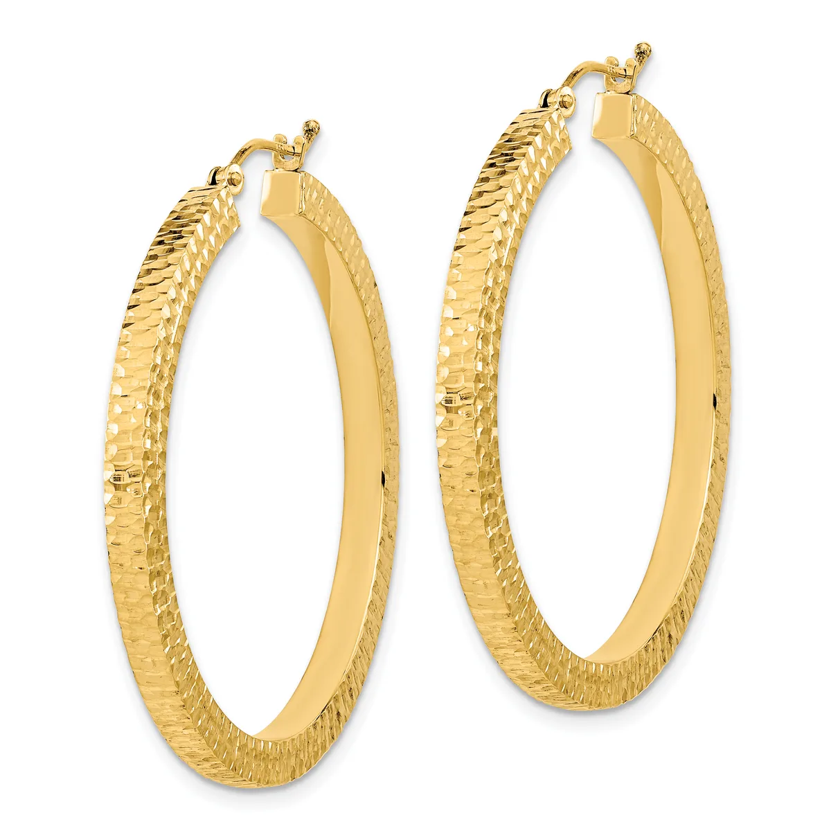 A pair of gold hoop earrings with textured surfaces and polished inner edges, displayed against a white background.