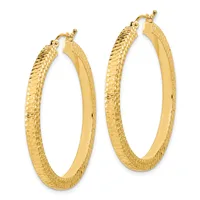 A pair of gold hoop earrings with textured surfaces and polished inner edges, displayed against a white background.