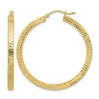 A pair of gold hoop earrings with a textured crosshatch surface finish, shown from front and side views.
