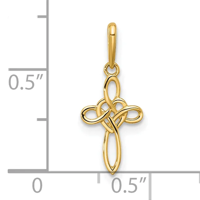 Gold-colored Celtic knot cross pendant with a loop at top, shown against a measurement scale indicating approximately 0.5 inches in width and height.