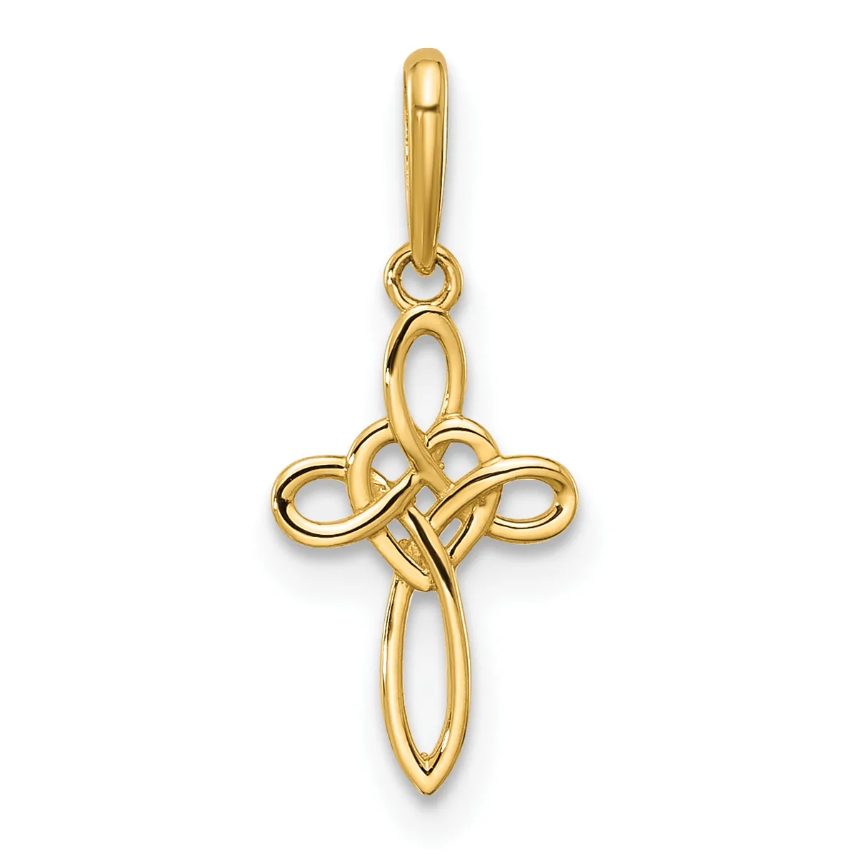 Gold cross pendant with interlocking loops at the top and a bail attachment, shown against a white background.