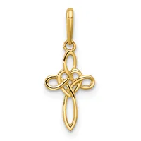 Gold cross pendant with interlocking loops at the top and a bail attachment, shown against a white background.