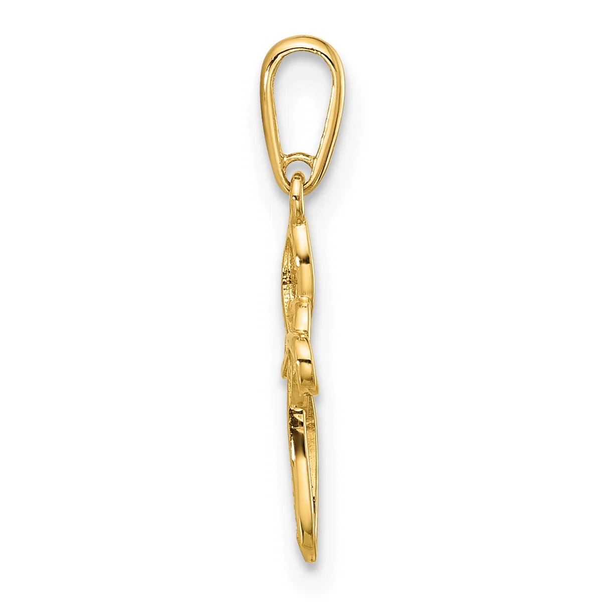 A gold-toned keychain charm featuring a lobster clasp at the top connected to a twisted chain segment ending in a pointed cone shape.