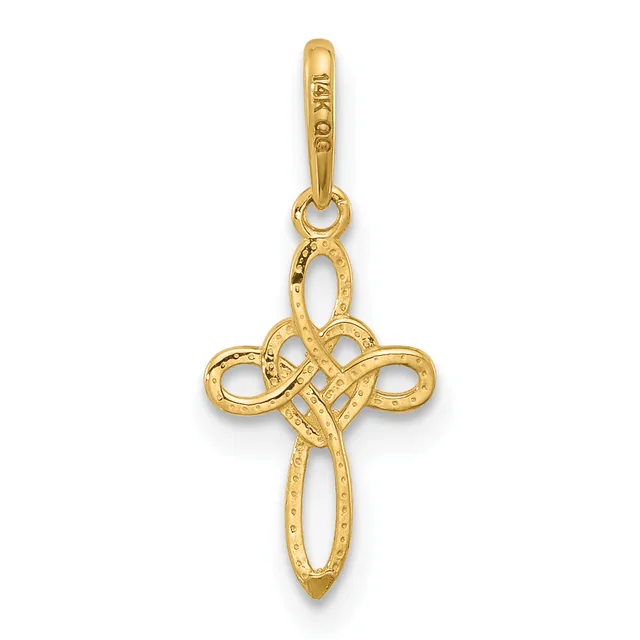 Gold cross pendant with interlocking Celtic knot design and textured surface, suspended from a small bail loop.