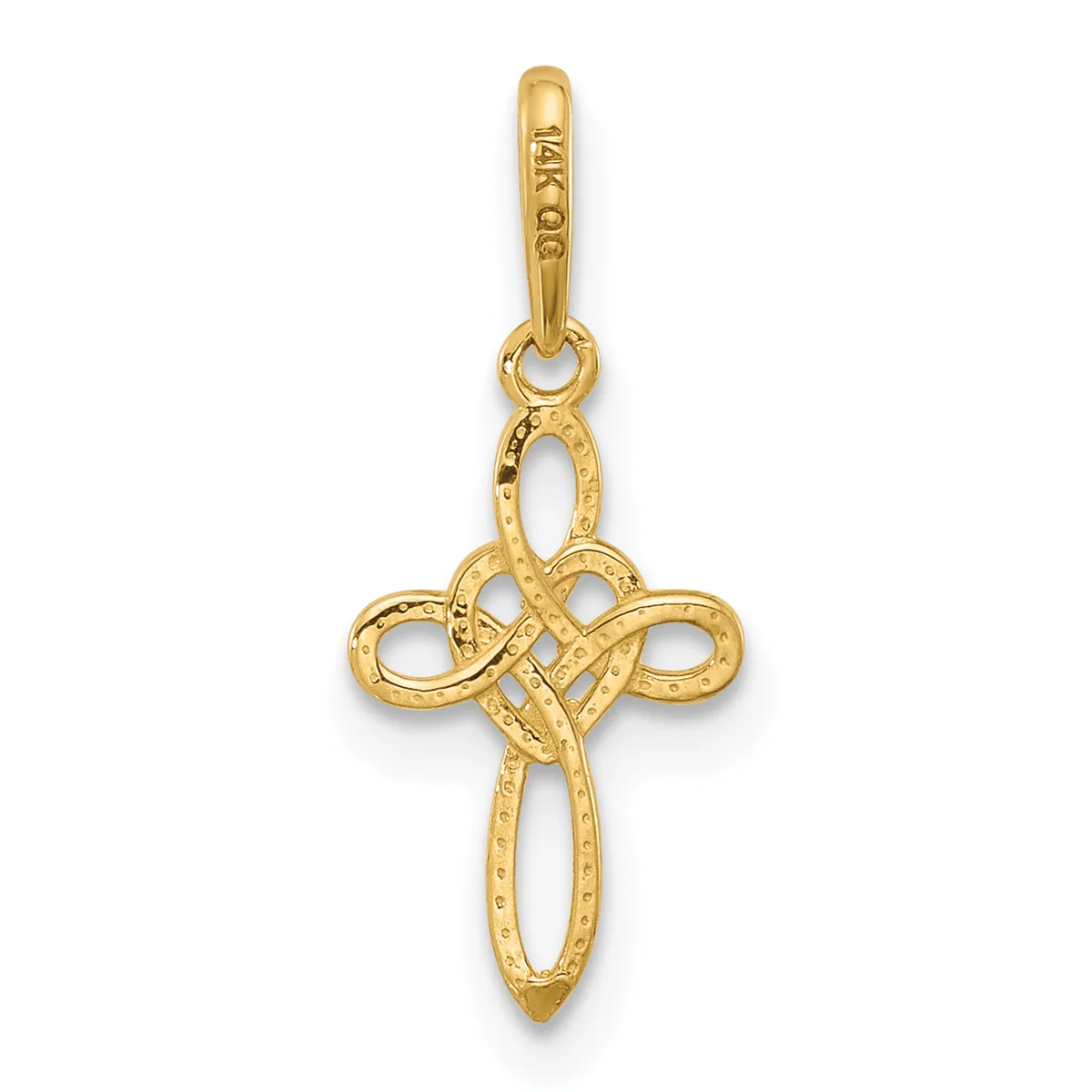 Gold cross pendant with interlocking Celtic knot design and textured surface, suspended from a small bail loop.