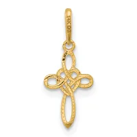 Gold cross pendant with interlocking Celtic knot design and textured surface, suspended from a small bail loop.