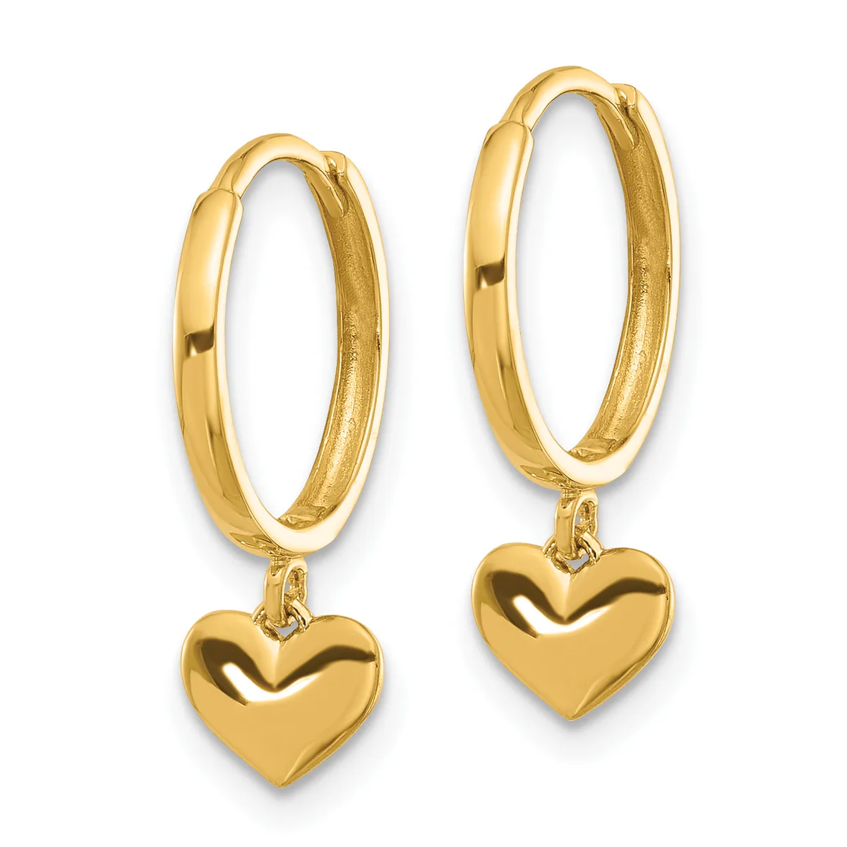 A pair of gold hoop earrings with small puffy heart charms hanging from each hoop, displayed against a white background.