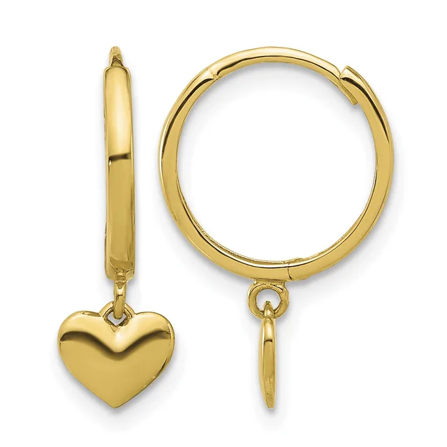 A pair of polished gold-tone hoop earrings, one shown from the front and one displayed with a dangling heart charm attached.