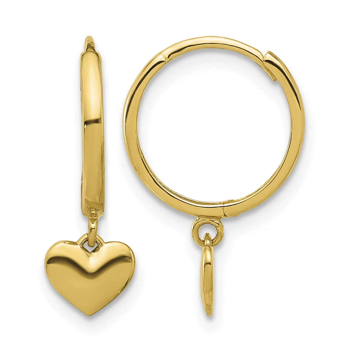A pair of polished gold-tone hoop earrings, one shown from the front and one displayed with a dangling heart charm attached.