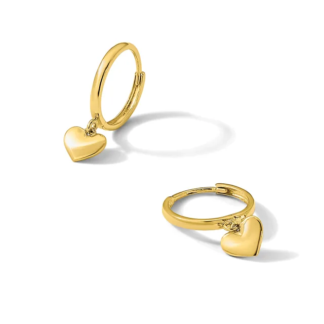 Two gold-toned hinged bangle bracelets, each with a small heart charm attached, displayed from different angles against a white background.
