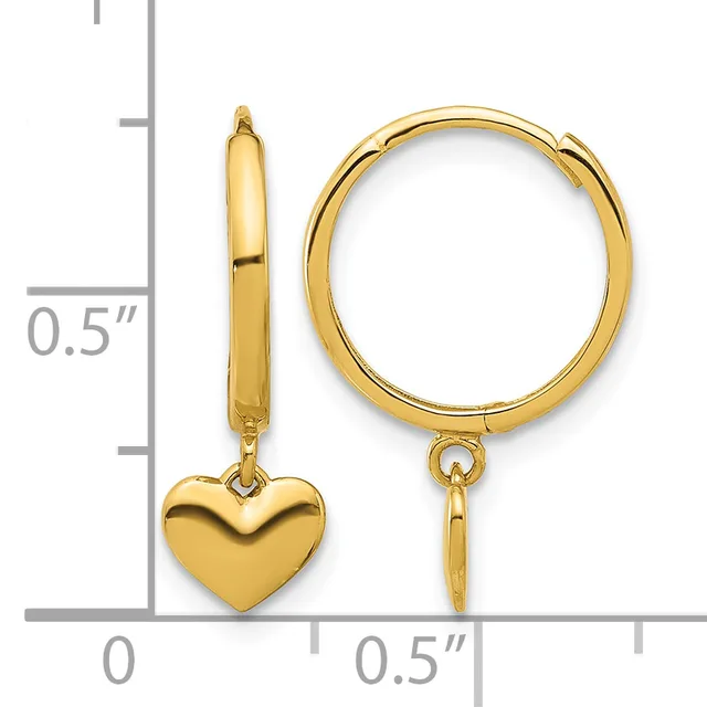 Gold-colored hoop earrings with small heart charms dangling from the bottom, shown next to a measurement scale indicating approximately half an inch in length.