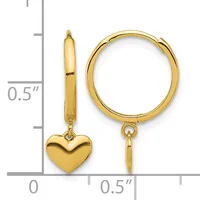 Gold-colored hoop earrings with small heart charms dangling from the bottom, shown next to a measurement scale indicating approximately half an inch in length.