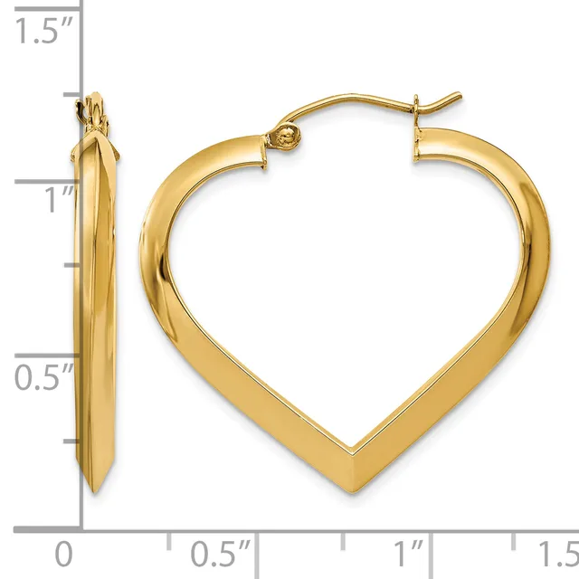Gold-toned heart-shaped hoop earrings with a hollow center and polished finish, shown from front and side views with a measurement scale.