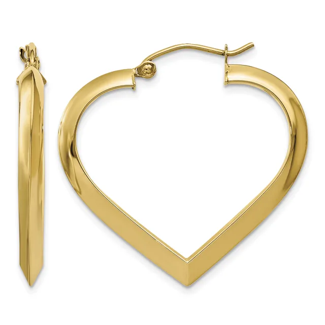 A pair of polished gold heart-shaped hoop earrings with hinged posts, shown from front and side views.