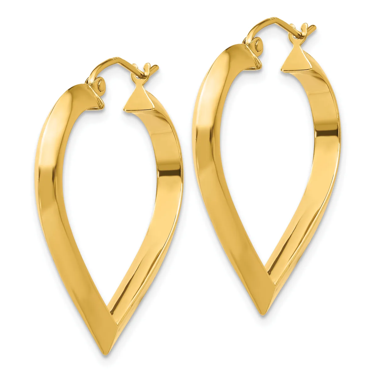 A pair of gold-colored pointed oval hoop earrings with a polished finish and hinged closure posts, shown side by side.