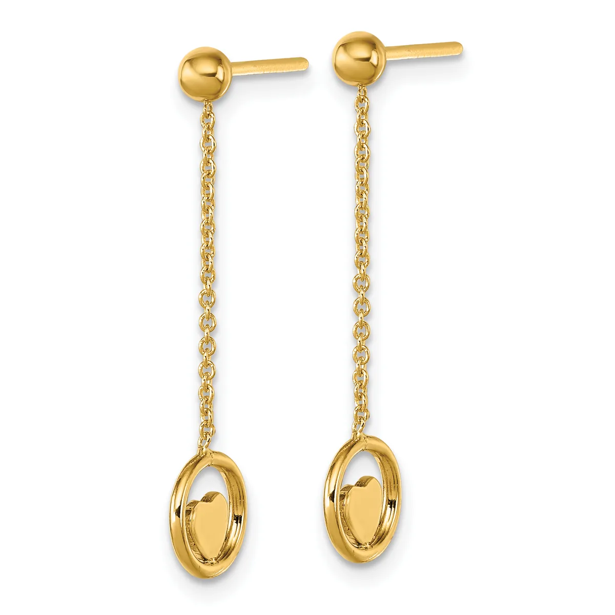 Pair of gold dangle earrings with small ball studs at top connected by delicate chains to oval rings hanging below.