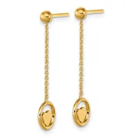 Pair of gold dangle earrings with small ball studs at top connected by delicate chains to oval rings hanging below.