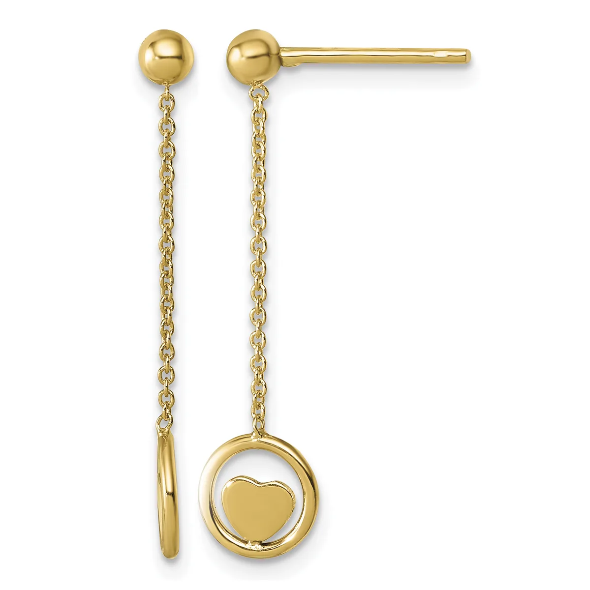 Pair of gold drop earrings with ball studs connected to delicate chains, one ending in a thin bar and the other in a circular ring holding a small heart charm.