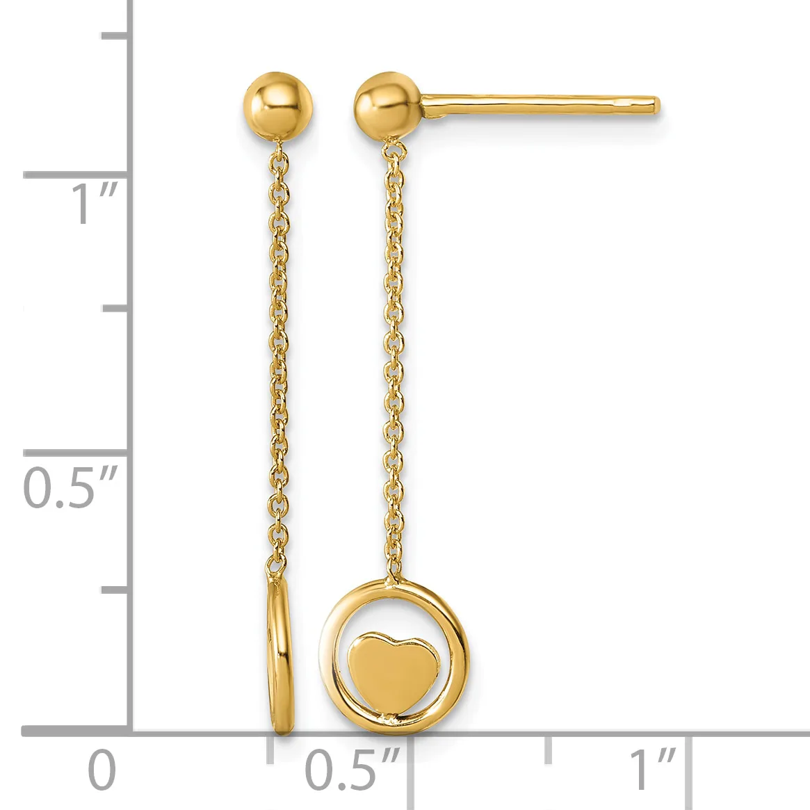 Pair of gold ball stud earrings with delicate chain drops ending in small heart charms, displayed against a measurement scale.