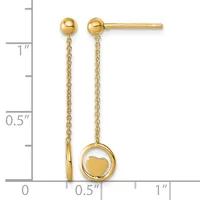 Pair of gold ball stud earrings with delicate chain drops ending in small heart charms, displayed against a measurement scale.