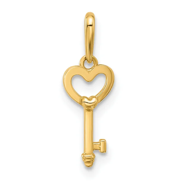 A gold heart-shaped key pendant with an open center and a small loop at the top for attaching to a chain or bail.
