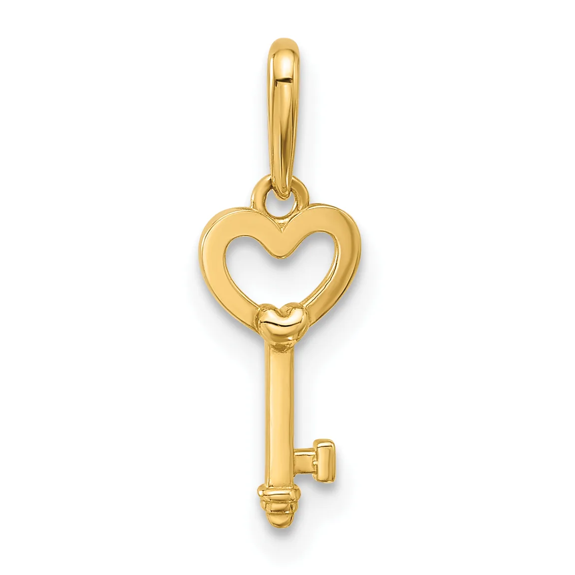 A gold heart-shaped key pendant with an open center and a small loop at the top for attaching to a chain or bail.