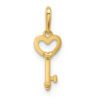 A gold heart-shaped key pendant with an open center and a small loop at the top for attaching to a chain or bail.