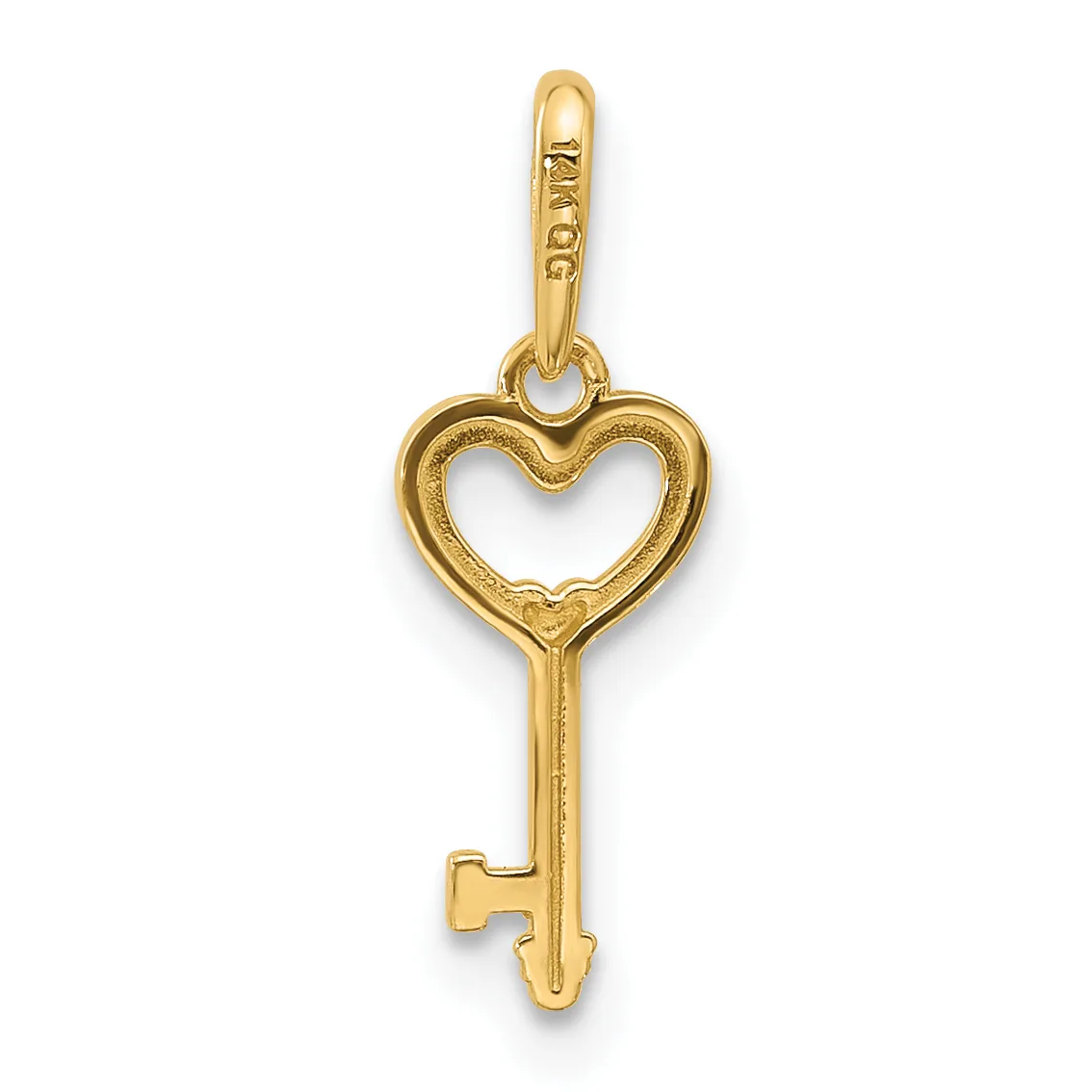 A gold heart-shaped key pendant with a loop at the top for attachment to a chain or necklace.