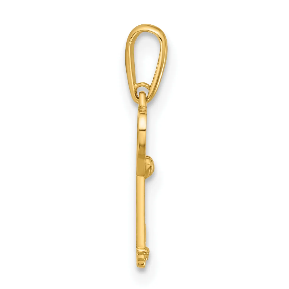 A gold-toned metal carabiner clip with an elongated teardrop-shaped top loop and cylindrical shaft, shown vertically against a white background.