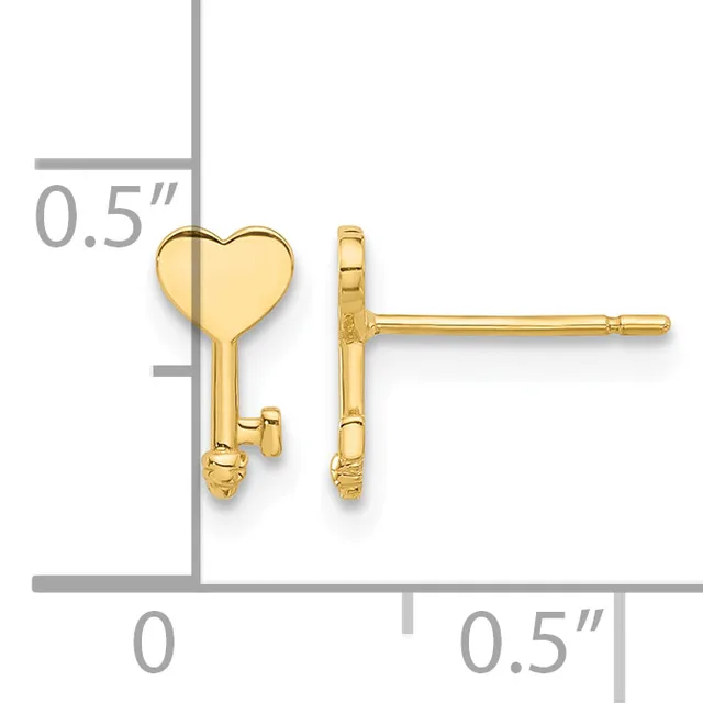 Gold-colored heart-shaped key stud earrings shown front and back view with measurement scale indicating approximately 0.5 inches in height.