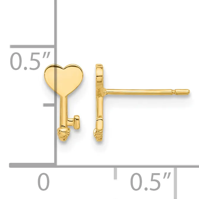 Gold-colored heart-shaped key stud earrings shown front and back view with measurement scale indicating approximately 0.5 inches in height.