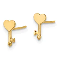 A pair of gold heart-shaped stud earrings with posts and butterfly backs, shown from the front against a white background.