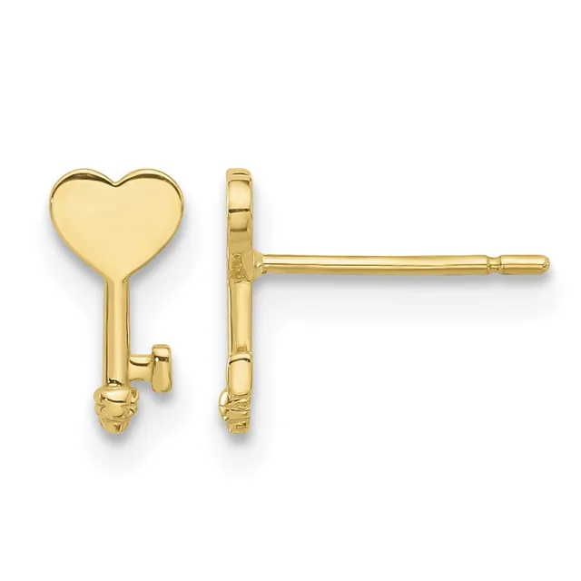 Pair of gold heart-shaped key stud earrings shown from front and side views against a white background.