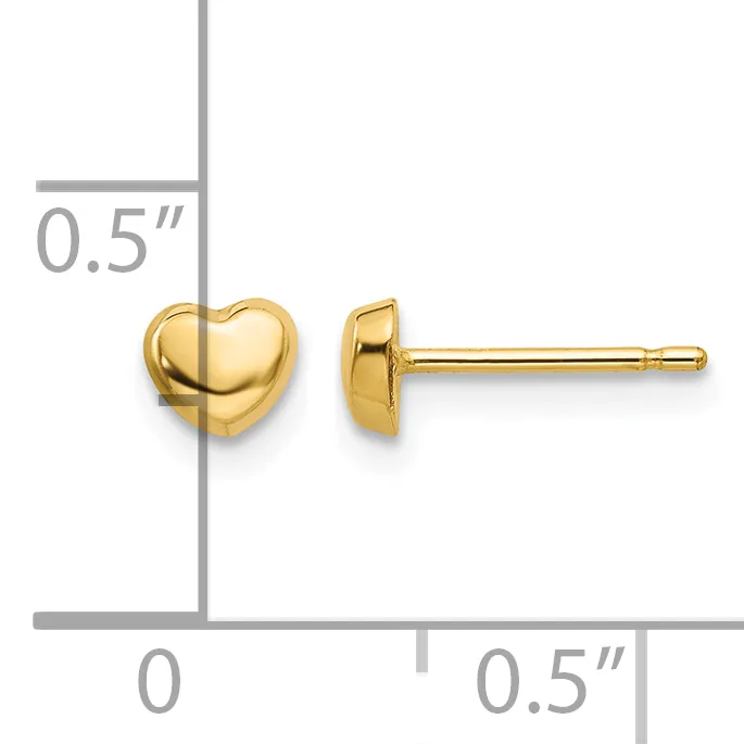 Pair of gold-colored heart-shaped stud earrings shown from front and side views with measurement scale indicating approximately 0.5 inches in size.