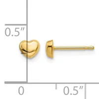 Pair of gold-colored heart-shaped stud earrings shown from front and side views with measurement scale indicating approximately 0.5 inches in size.