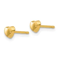 A pair of polished gold heart-shaped stud earrings with posts and backs, displayed against a white background.
