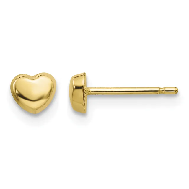 A pair of polished gold heart-shaped stud earrings shown from front and back views with posts and backing fasteners.