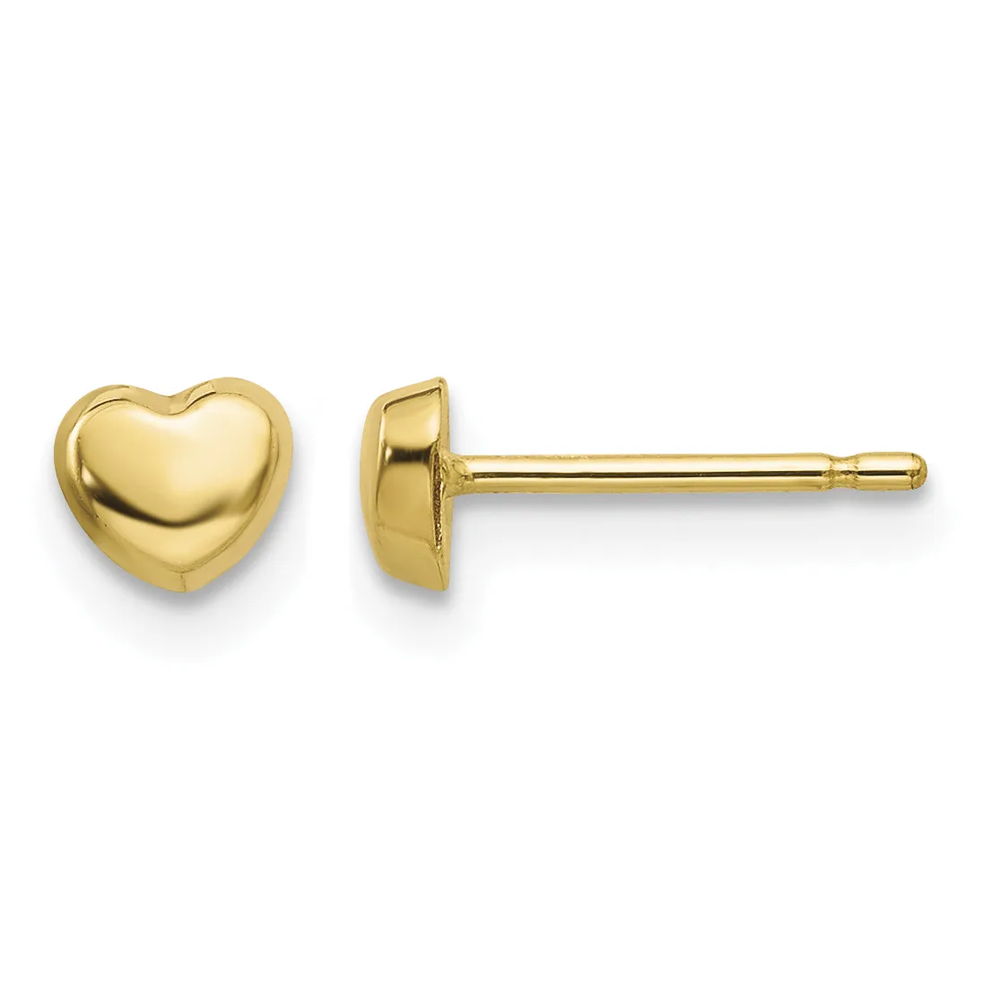 A pair of polished gold heart-shaped stud earrings shown from front and back views with posts and backing fasteners.