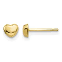 A pair of polished gold heart-shaped stud earrings shown from front and back views with posts and backing fasteners.